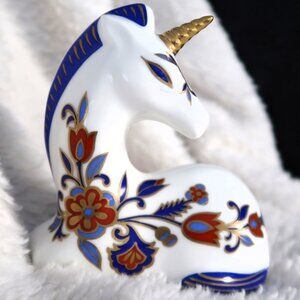 Vintage Porcelain Unicorn Figurine Floral Gold Accents Small Decor Cute